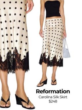 Reformation Cream and Black Polka Dot Silk Midi Skirt with Black Lace Hem